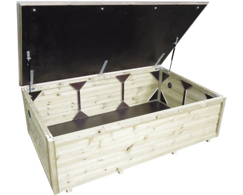 Grote houten tuinopbergbox met geopend deksel en gasveren.