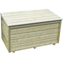 Houten tuinkist met horizontale latten en deksel met metalen rand.