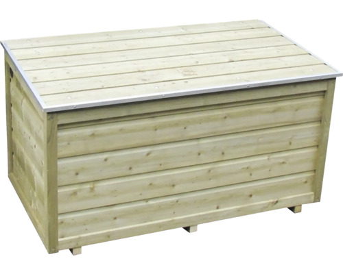 Houten tuinkist met horizontale latten en deksel met metalen rand.
