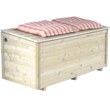Houten tuinopbergbox met twee zitkussens.