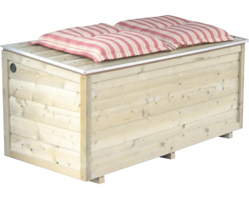 Houten tuinopbergbox met twee zitkussens.