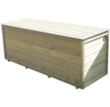 Houten tuinbox met latten deksel voor het opbergen van tuingereedschap en kussens.