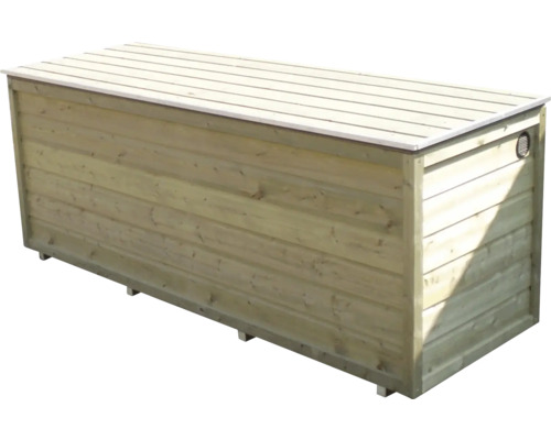 Houten tuinbox met latten deksel voor het opbergen van tuingereedschap en kussens.