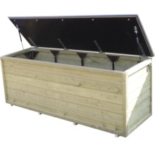 Open tuinbox van licht hout met zwart deksel en gasveren.