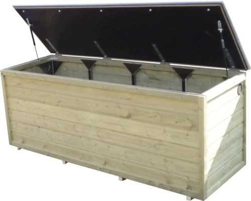 Open tuinbox van licht hout met zwart deksel en gasveren.
