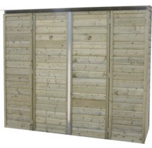 Vierdeurs houten tuinkast met horizontale lamellen.