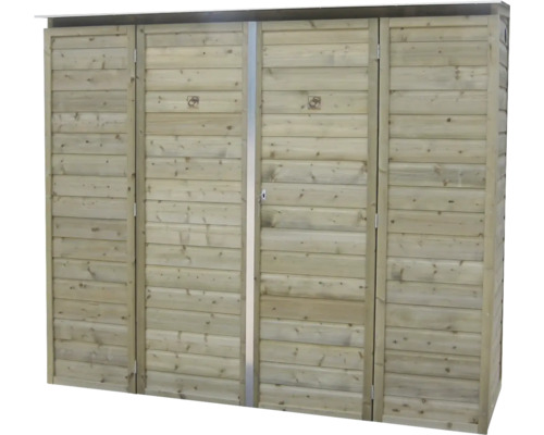 Vierdeurs houten tuinkast met horizontale lamellen.