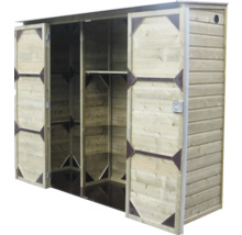 Houten tuinkast met geopende dubbele deuren en interne planken voor gereedschap.