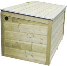 Houten tuinbox met horizontale lamellen, een klapdeksel met metalen rand en ventilatieopening.