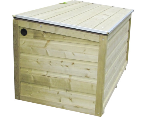 Houten tuinbox met horizontale lamellen, een klapdeksel met metalen rand en ventilatieopening.