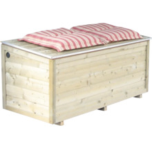 Tuinbox van licht hout met plat deksel en twee rood-wit gestreepte zitkussens.