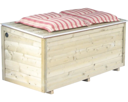 Tuinbox van licht hout met plat deksel en twee rood-wit gestreepte zitkussens.