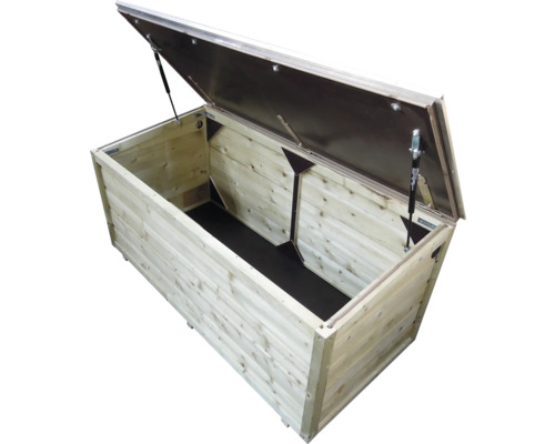 Houten opbergbox voor de tuin met geopend metalen deksel en gasveren.