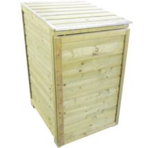 Vuilnisbakomberging van geïmpregneerd hout met opklapbaar deksel en voordeur.
