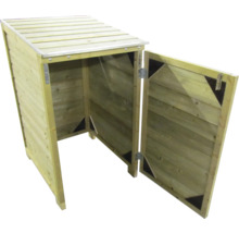 Houten kliko-ombouw voor één container met geopende deur en plat dak.