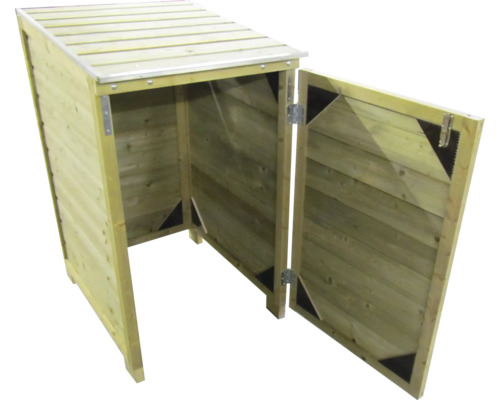 Houten kliko-ombouw voor één container met geopende deur en plat dak.