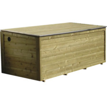 Houten tuinbox met klapdeksel voor het opbergen van tuinkussens en tuinaccessoires.
