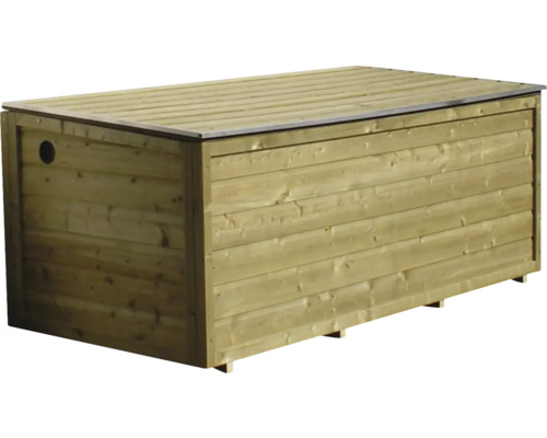 Houten tuinbox met klapdeksel voor het opbergen van tuinkussens en tuinaccessoires.