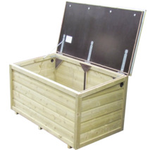 Houten tuinbox met open deksel en metalen scharnieren.