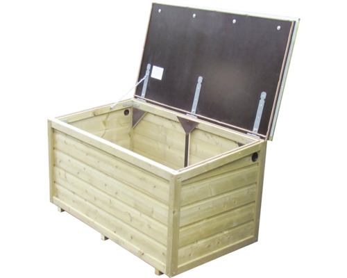 Houten tuinbox met open deksel en metalen scharnieren.
