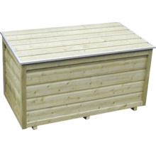 Houten kussenbox met plat deksel en metalen rand voor het opbergen van tuinspullen.