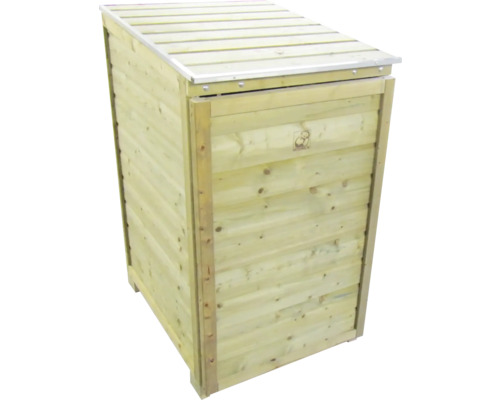 Houten afvalcontainerbox met klapdeksel en voordeur.