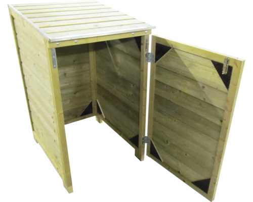 Houten vuilnisbakombouw voor een container met geopende deur en deksel.