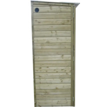 Deur voor tuinkast van hout met horizontale lamellen en een ronde ventilatieopening linksboven.