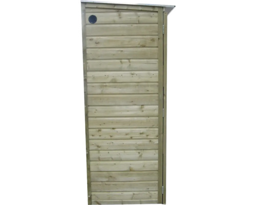 Deur voor tuinkast van hout met horizontale lamellen en een ronde ventilatieopening linksboven.