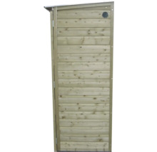 Smalle houten tuinkast met lessenaarsdak, lamellendeur en rond ventilatierooster.