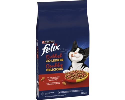 Purina Felix Dubbel Zo Lekker droog kattenvoer met rund en kip, 7,5 kilogram zak.