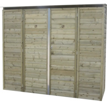 Houten containerombouw voor vier afvalcontainers met vier deuren en een openklappend deksel.
