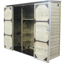 Houten tuinkast met lessenaarsdak, twee deuren en binnenplank.