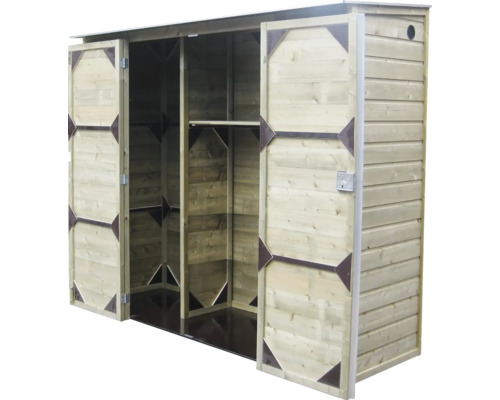 Houten tuinkast met lessenaarsdak, twee deuren en binnenplank.