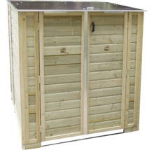Houten kliko-ombouw voor twee containers met een plat dak en twee deuren.