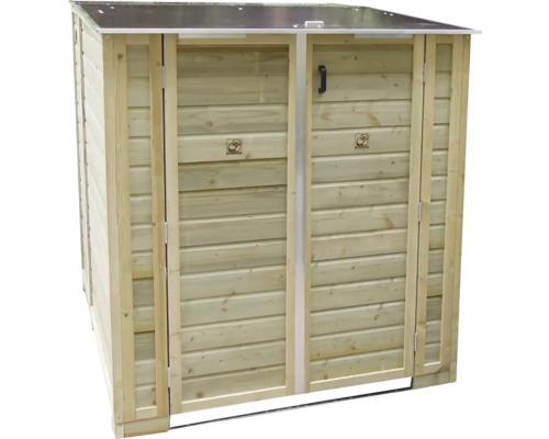 Houten kliko-ombouw voor twee containers met een plat dak en twee deuren.