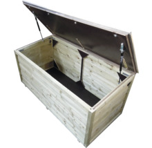 Tuinbox van houten planken met geopend deksel, gasveren en metalen voering.