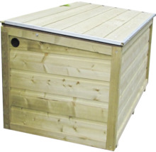 Houten tuinkist met metalen rand op het deksel en ventilatieopening.