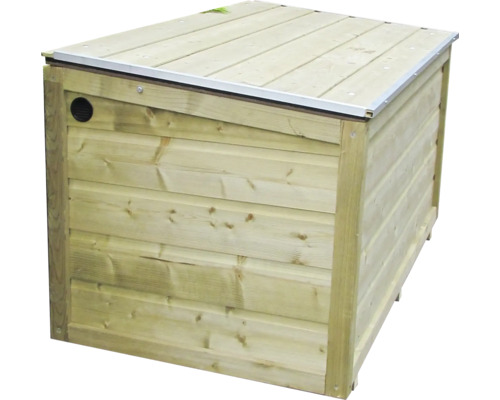 Houten tuinkist met metalen rand op het deksel en ventilatieopening.