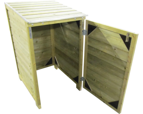 Houten afvalcontainer ombouw voor een container met een openstaande deur en een deksel van houten latten.