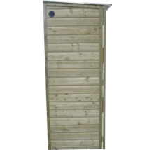 Smalle houten tuinkast met horizontale planken en een ronde ventilatieopening.