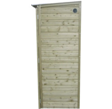 Smalle houten tuinkast met lessenaarsdak en ventilatierooster voor gereedschap.