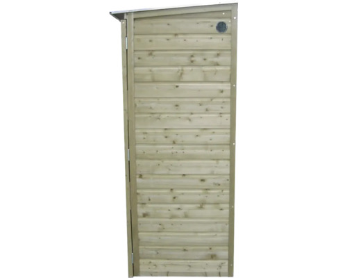 Smalle houten tuinkast met lessenaarsdak en ventilatierooster voor gereedschap.