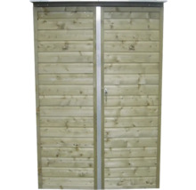 Licht houten tuinkast met dubbele deuren en horizontale lamellen