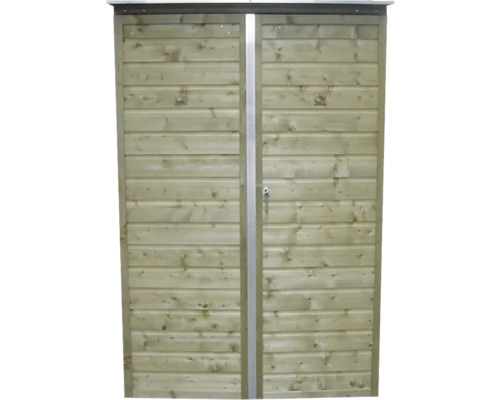 Licht houten tuinkast met dubbele deuren en horizontale lamellen