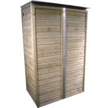 Tuinkast van hout met dubbele deuren en plat dak voor het opbergen van gereedschap en tuinartikelen.