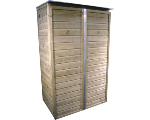 Tuinkast van hout met dubbele deuren en plat dak voor het opbergen van gereedschap en tuinartikelen.