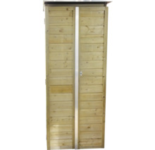 Tuinkast van hout met dubbele deur, horizontale houten latten en een zilverkleurige middenstrip.