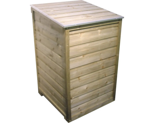 Houten kliko-ombouw met lessenaarsdak voor één container.