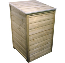 Houten containerombouw met schuin dak en horizontale houten latten